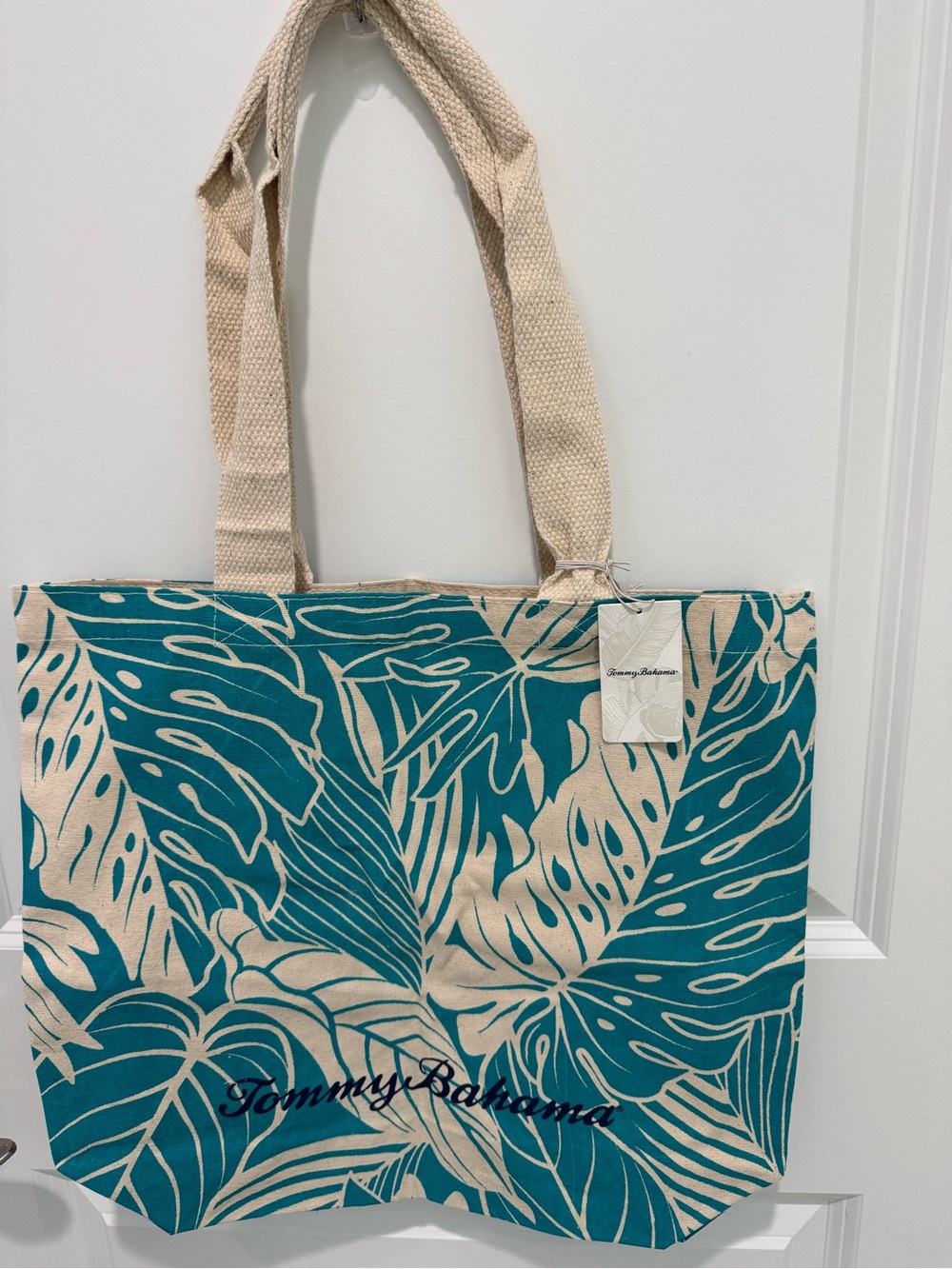 Tommy Bahama Teal and Natural Tropical Leaf Canvas Tote New with Tags